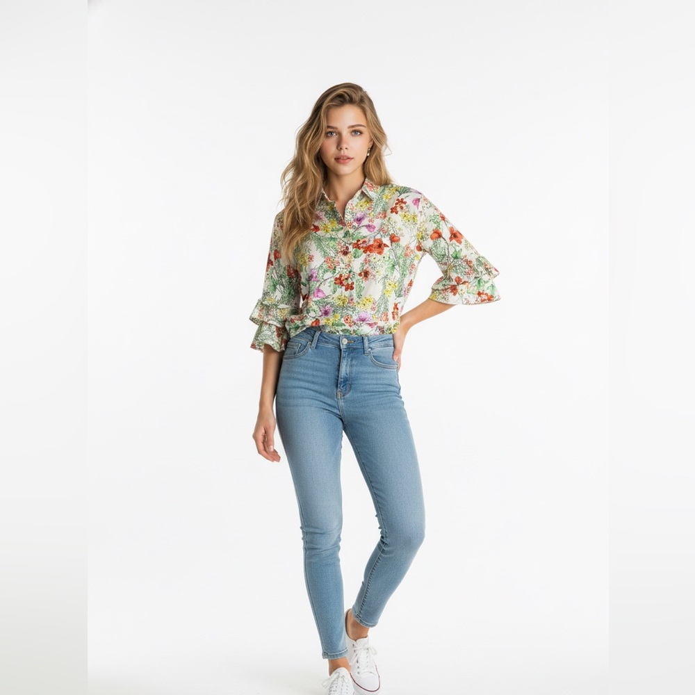 Zara Woman Floral Ruffle Sleeve Poplin Shirt L